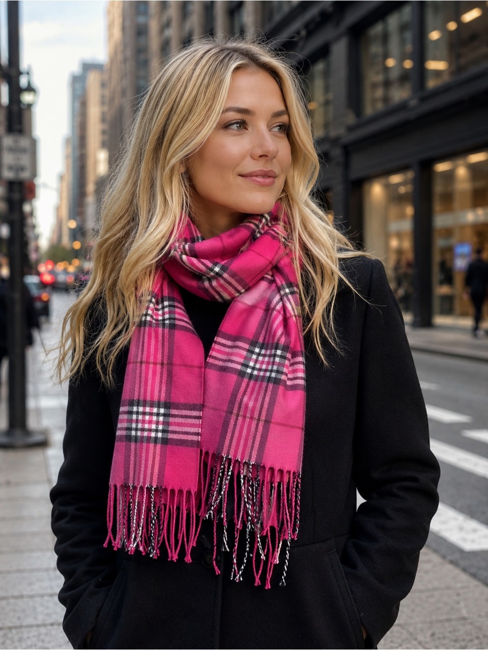 kate spade Hot Pink Plaid Fringe Scarf